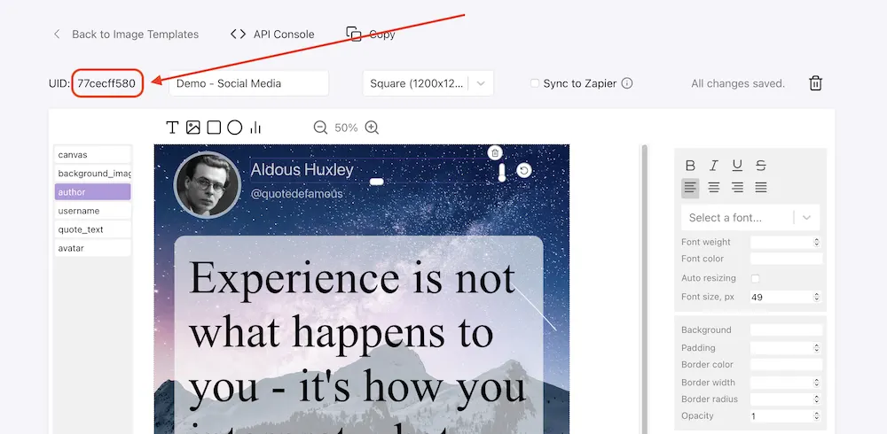 Template ID from DynaPictures to generate banner posts for Twitter