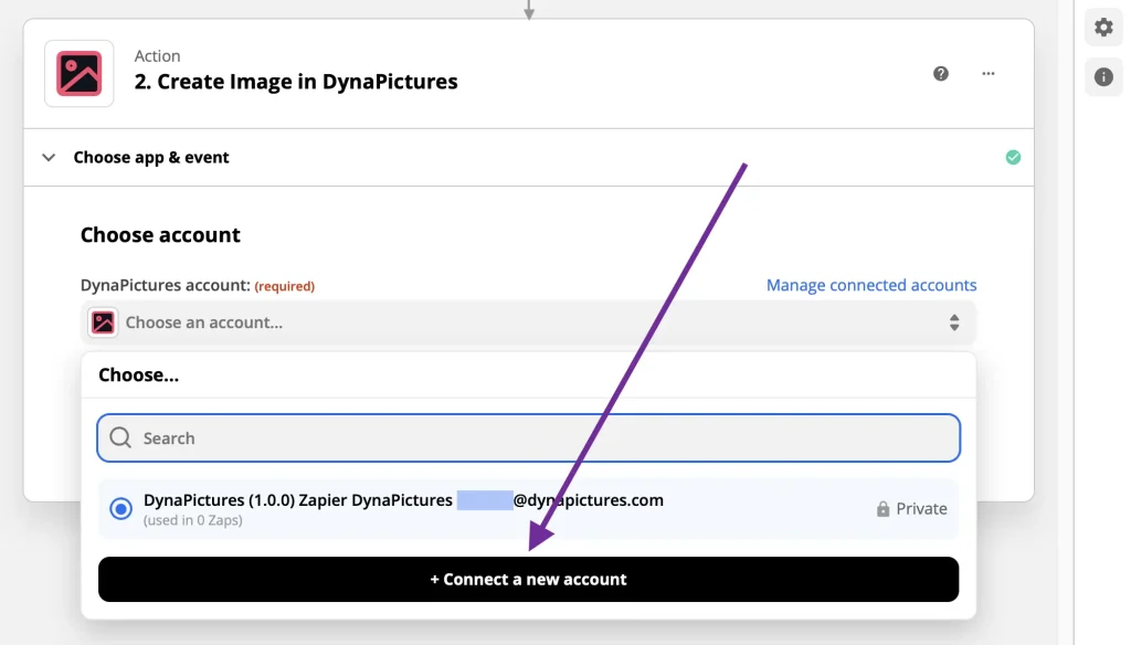 Choosing app and event to automate design with Zapier and DynaPictures
