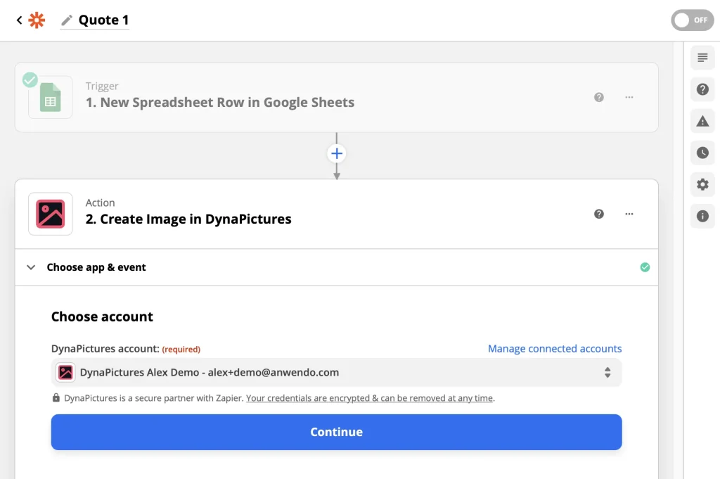 Add DynaPictures account tto create images from Zapier