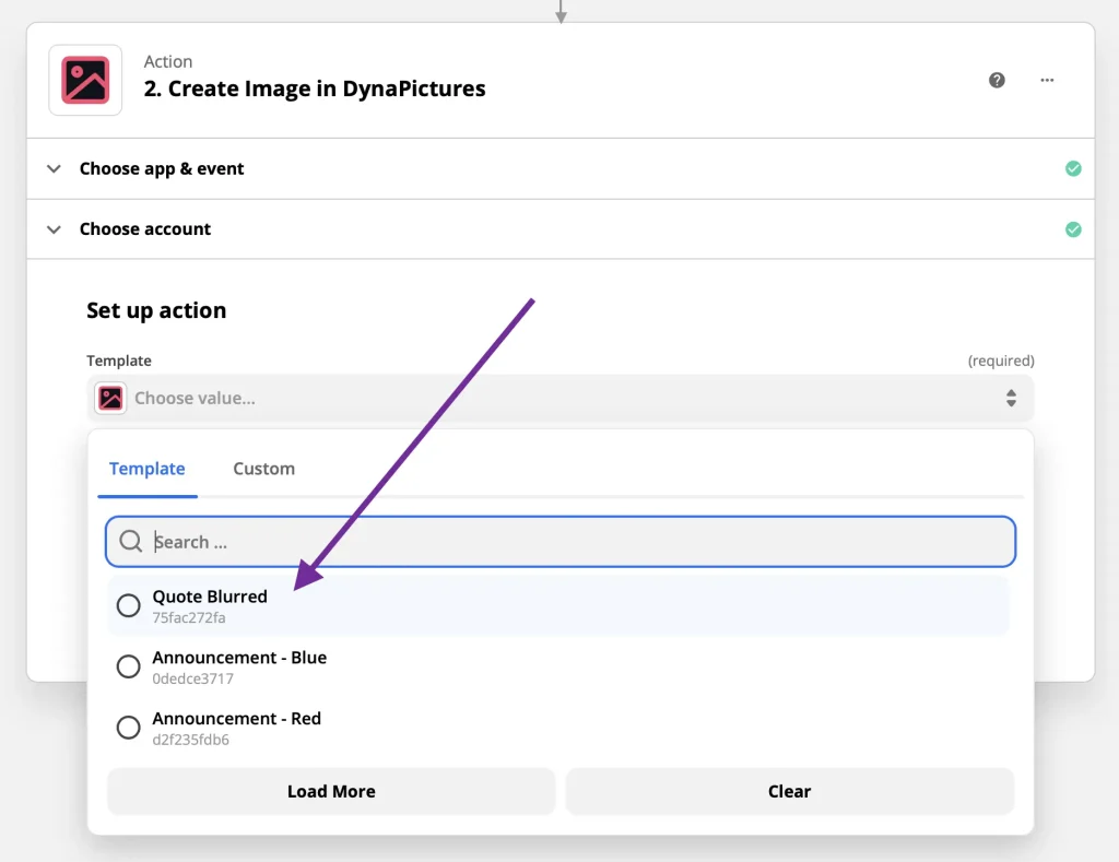 Selecting an image template from DynaPictures to automate design