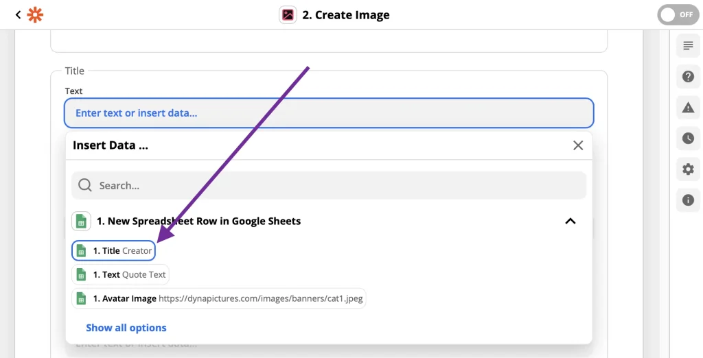 Mapping the title field of an automated workflow for image generation