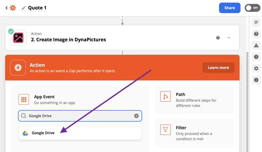 Type Google Drive to connect your account to the workflow