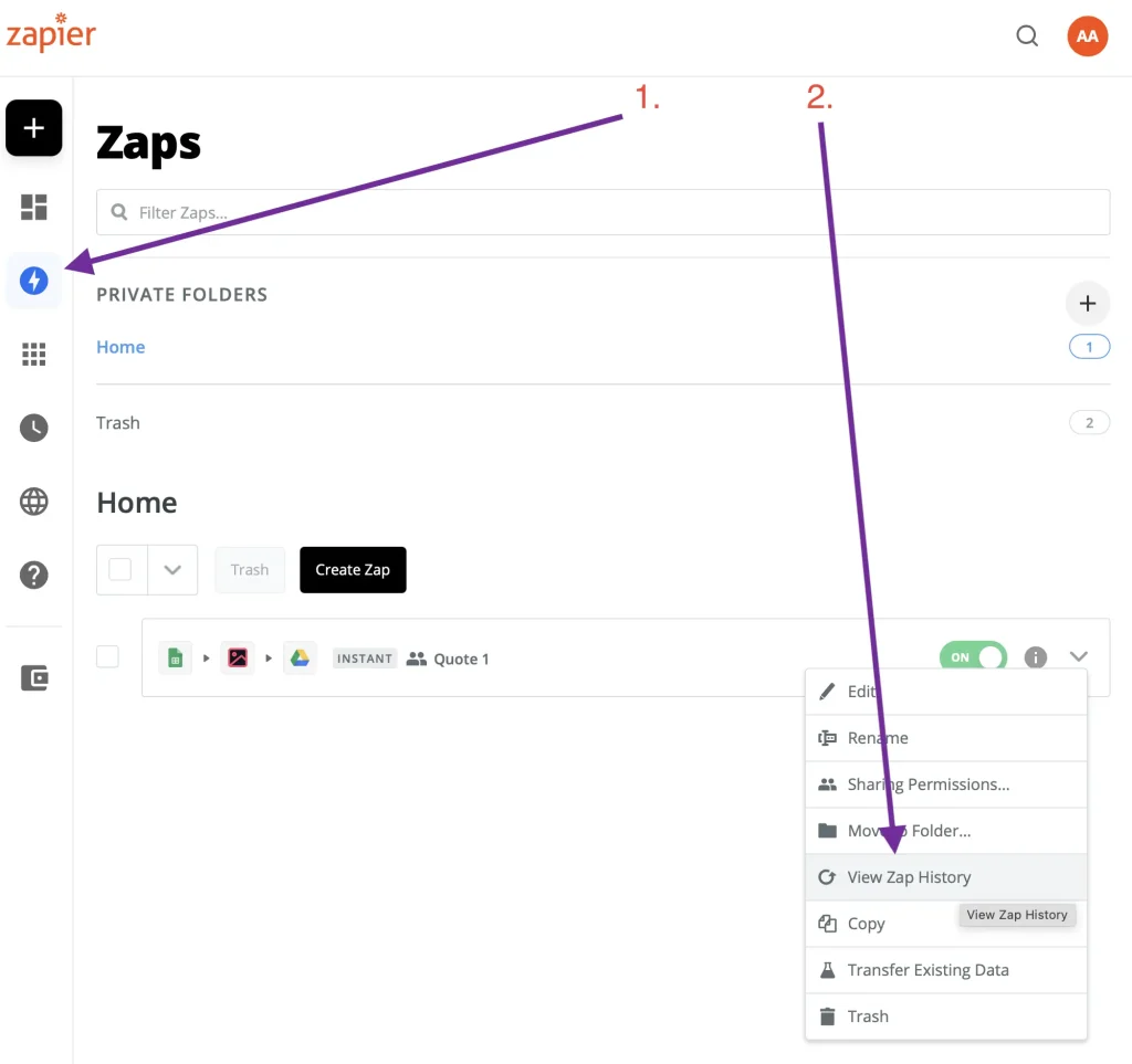 View Zap history in Zapier
