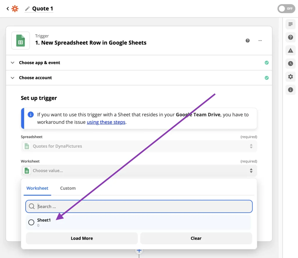 Select a sheet to trigger automated image creation in Zapier