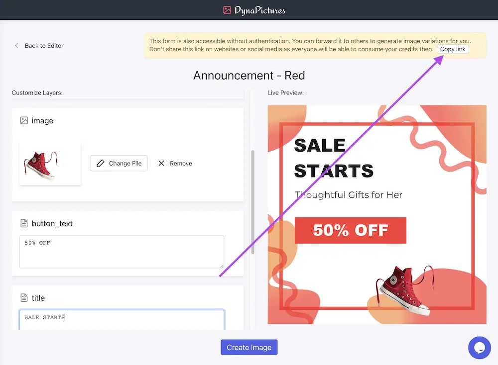 Link for sharing a generated banner with team