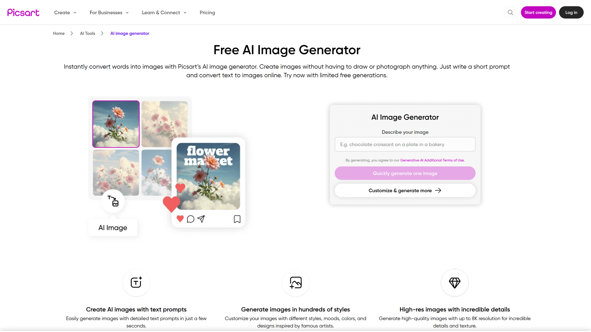 Picsart AI Image Generator page