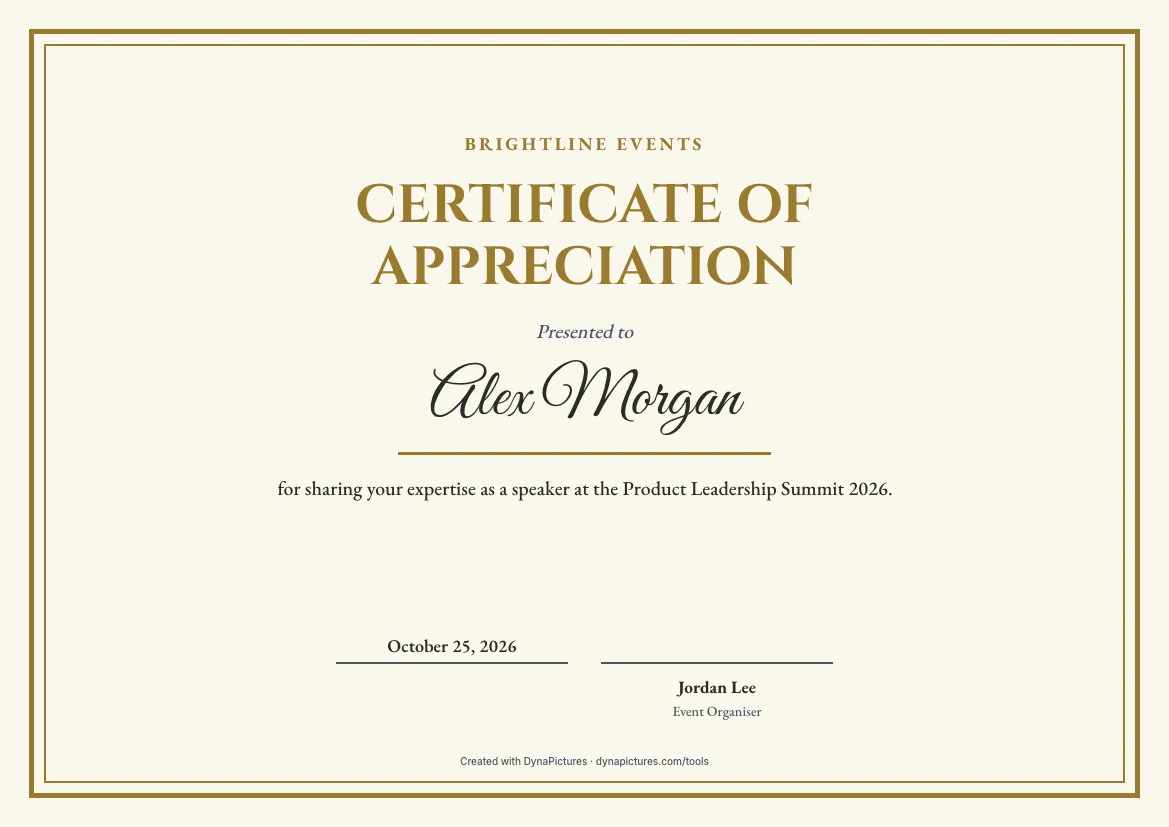 Certificate of appreciation for a speaker – Classic style