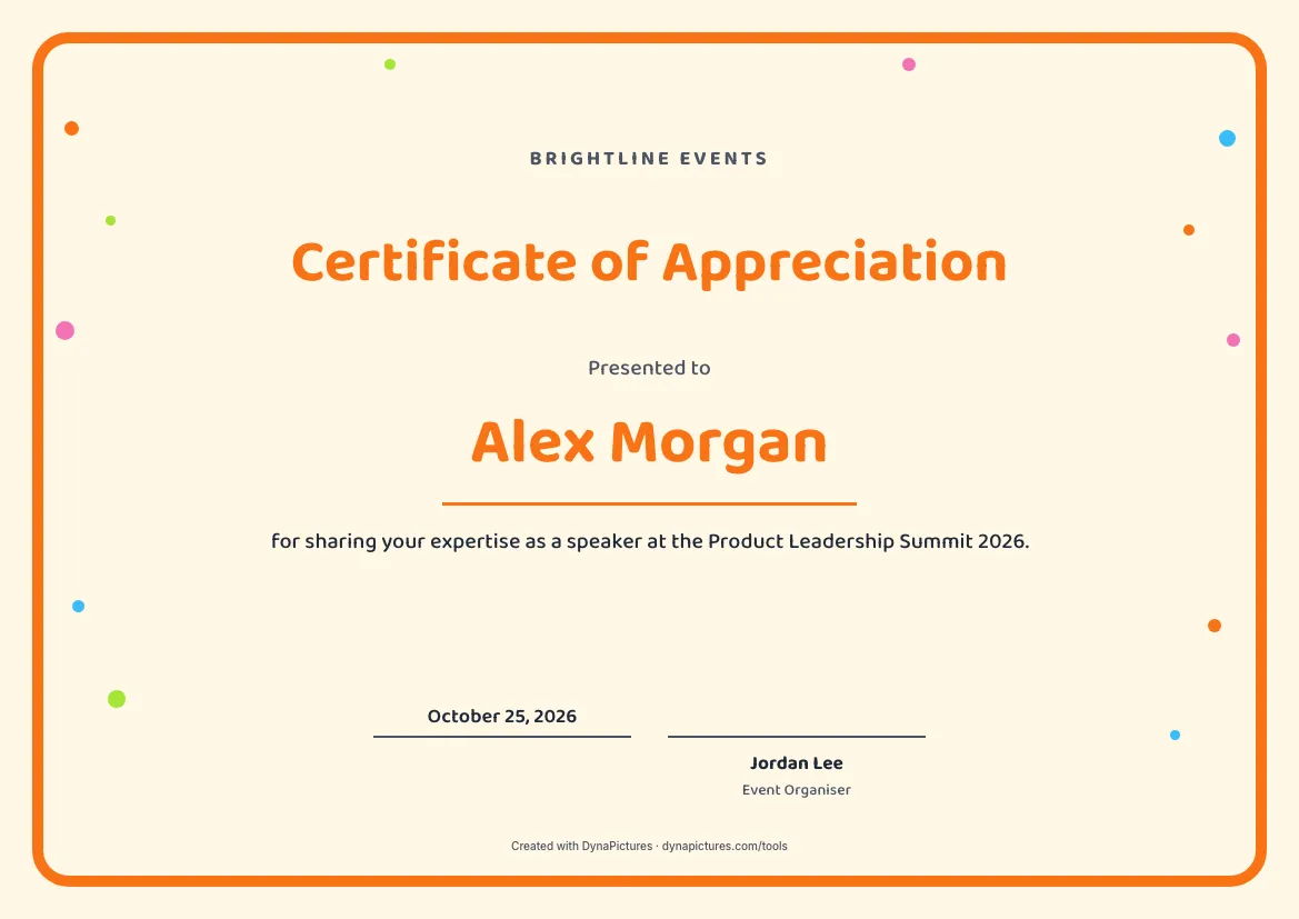 Certificate of appreciation for a speaker – Playful style