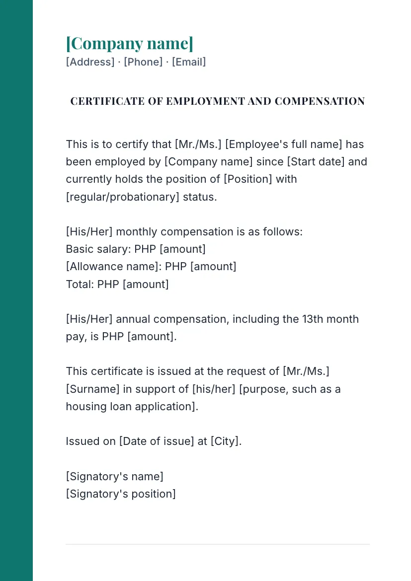 Certificate of employment with compensation on a company letterhead 2