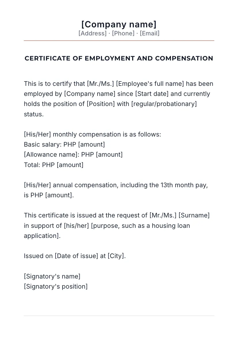 Certificate of employment with compensation on a company letterhead 3