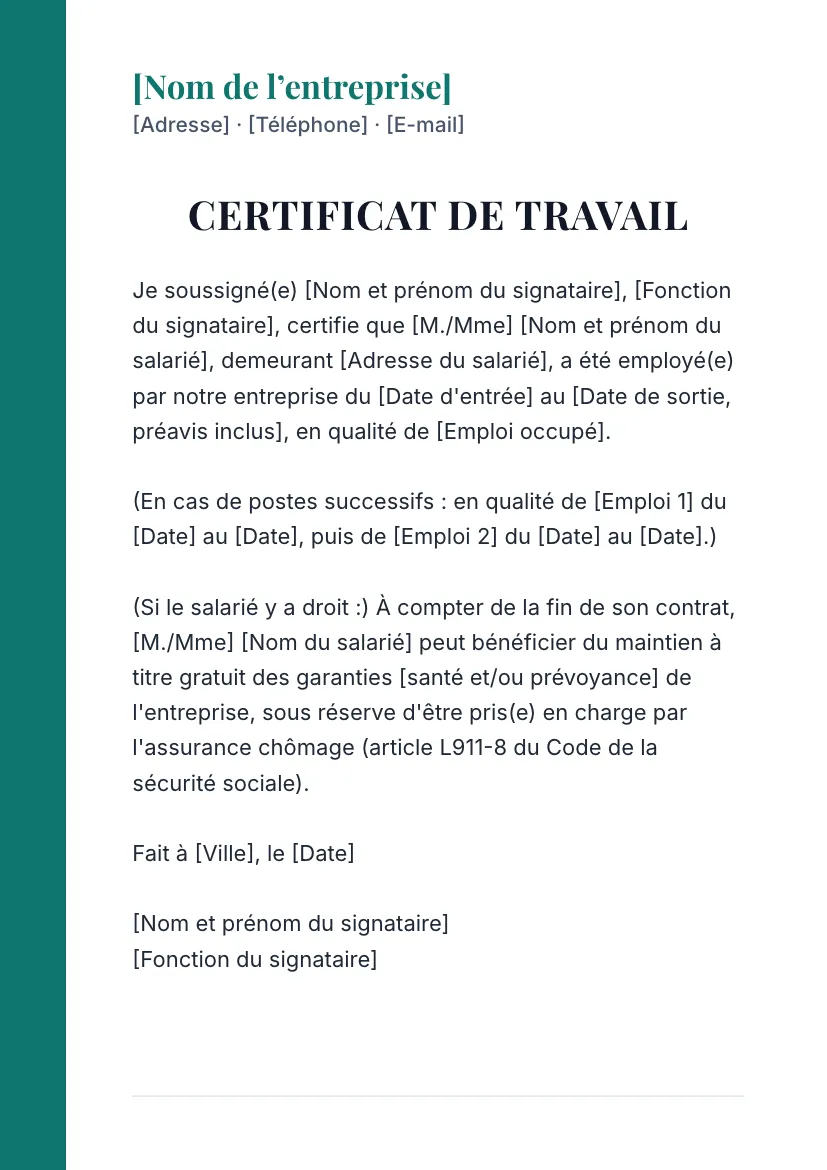 Certificat de travail à en-tête, modèle 2