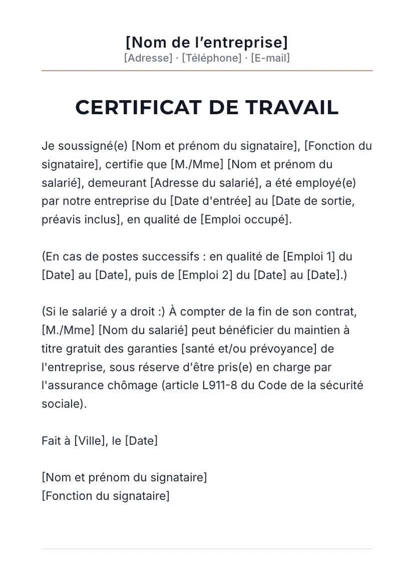 Certificat de travail à en-tête, modèle 3