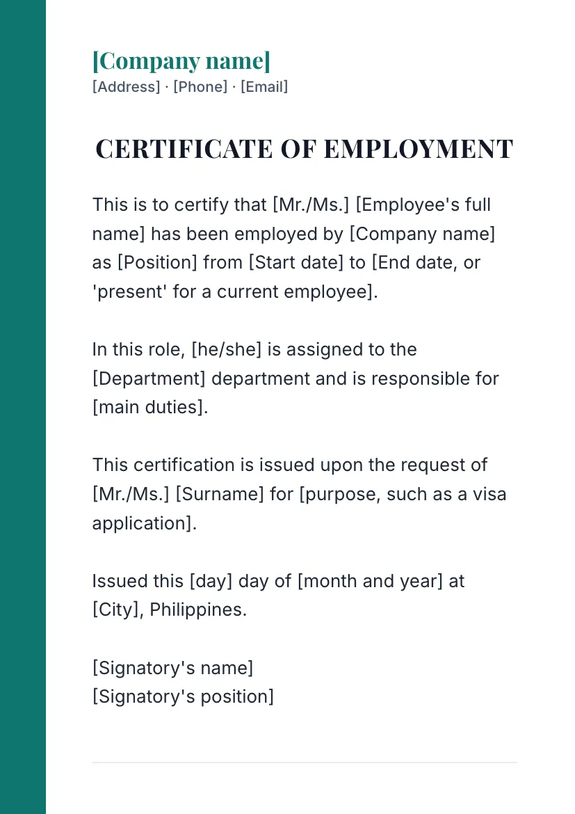 Certificate of employment on a company letterhead 2