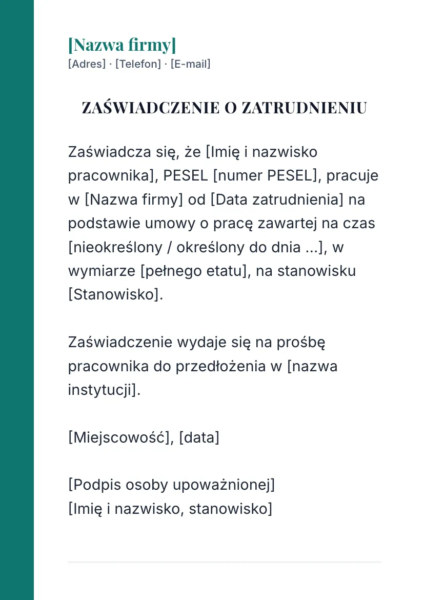 Zaświadczenie o zatrudnieniu z nagłówkiem firmy, układ 2