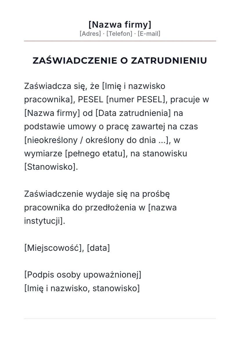 Zaświadczenie o zatrudnieniu z nagłówkiem firmy, układ 3