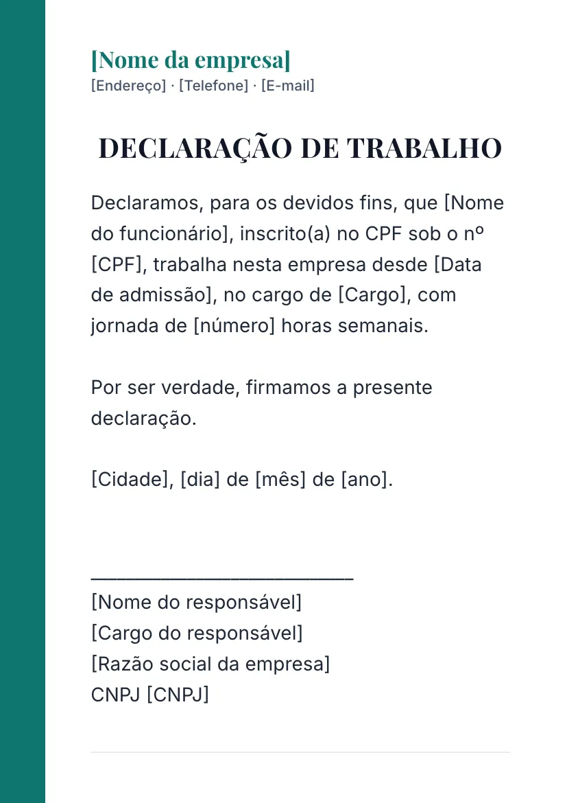Declaração de trabalho em papel timbrado, modelo 2
