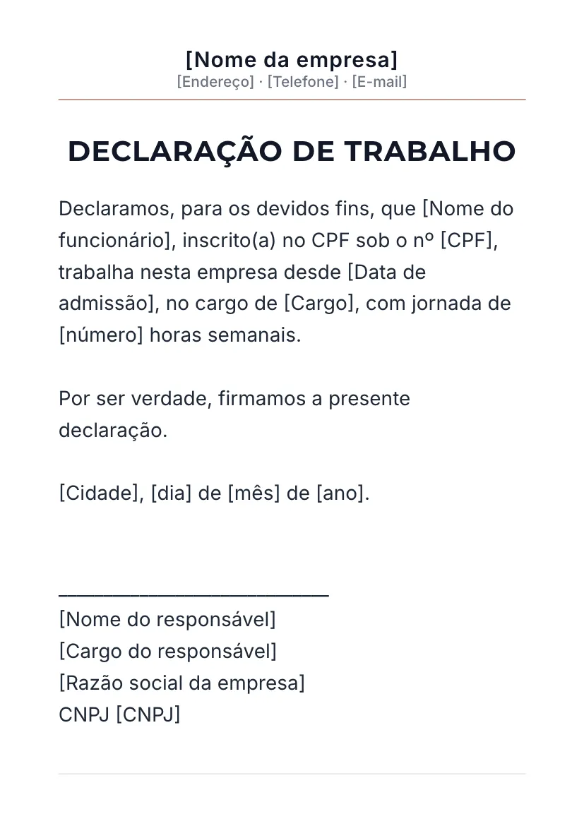 Declaração de trabalho em papel timbrado, modelo 3