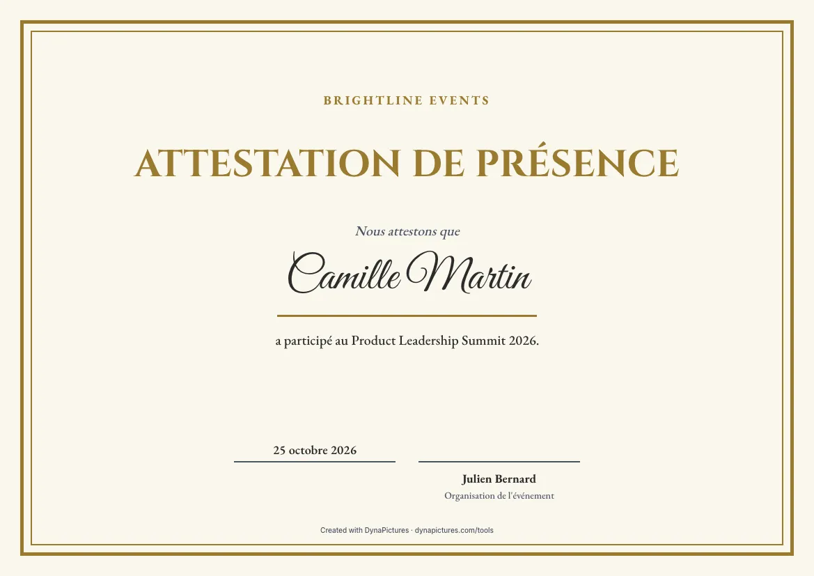 Modèle d'attestation de présence – style Classique