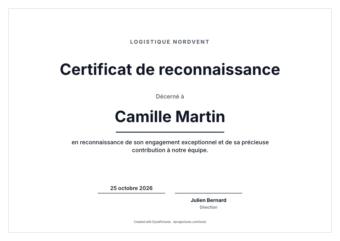 Modèle de certificat de reconnaissance – style Minimaliste
