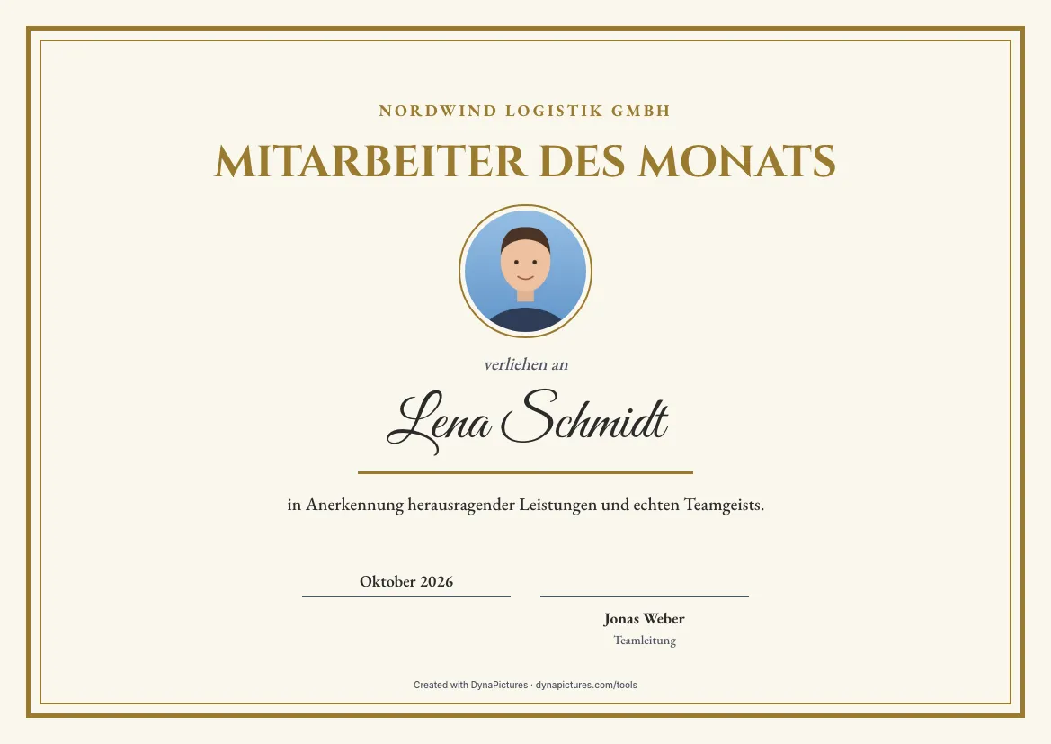 Urkunde Mitarbeiter des Monats mit Foto – Stil Klassisch