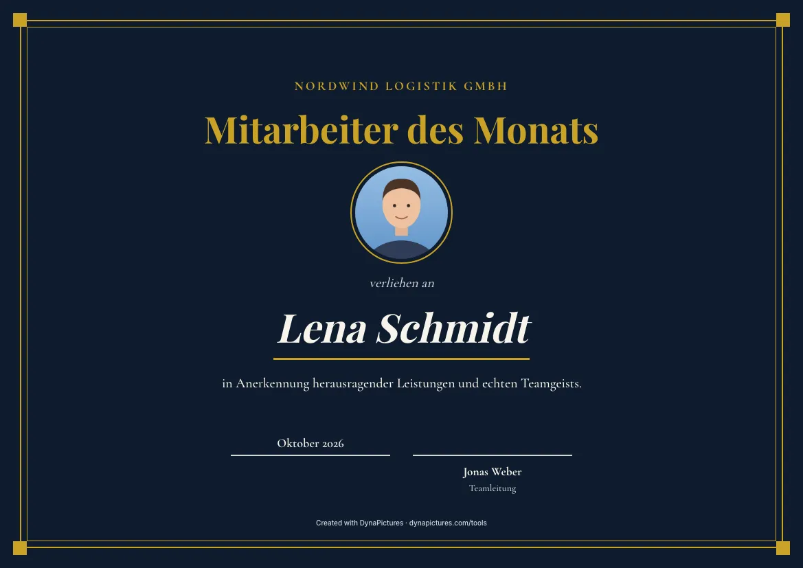 Urkunde Mitarbeiter des Monats mit Foto – Stil Elegant