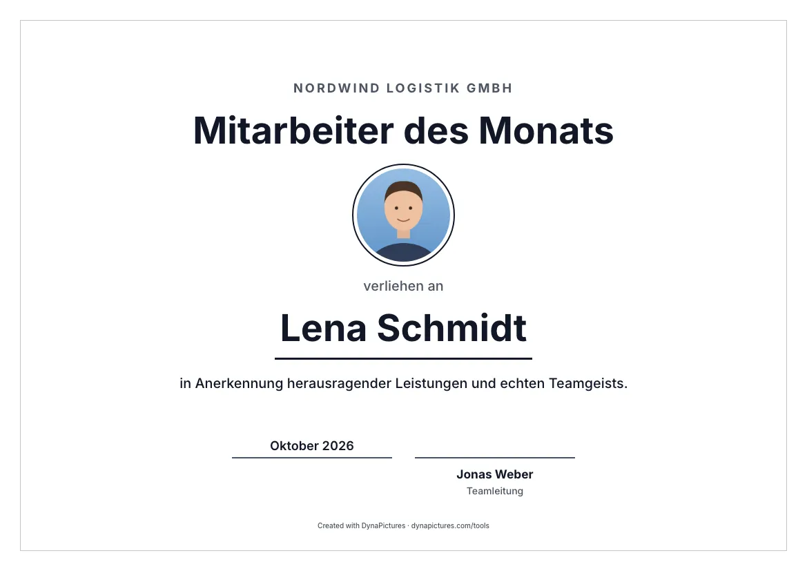 Urkunde Mitarbeiter des Monats mit Foto – Stil Minimal