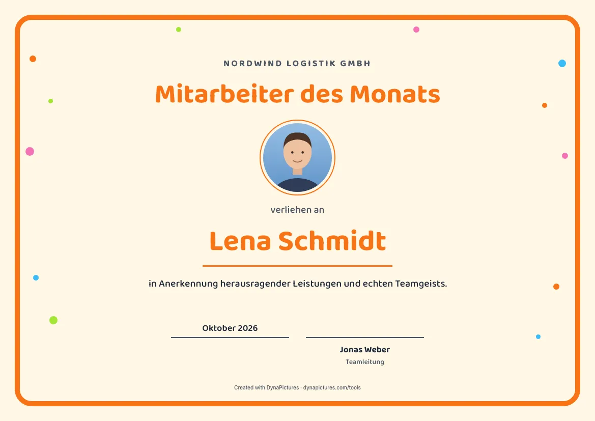 Urkunde Mitarbeiter des Monats mit Foto – Stil Verspielt