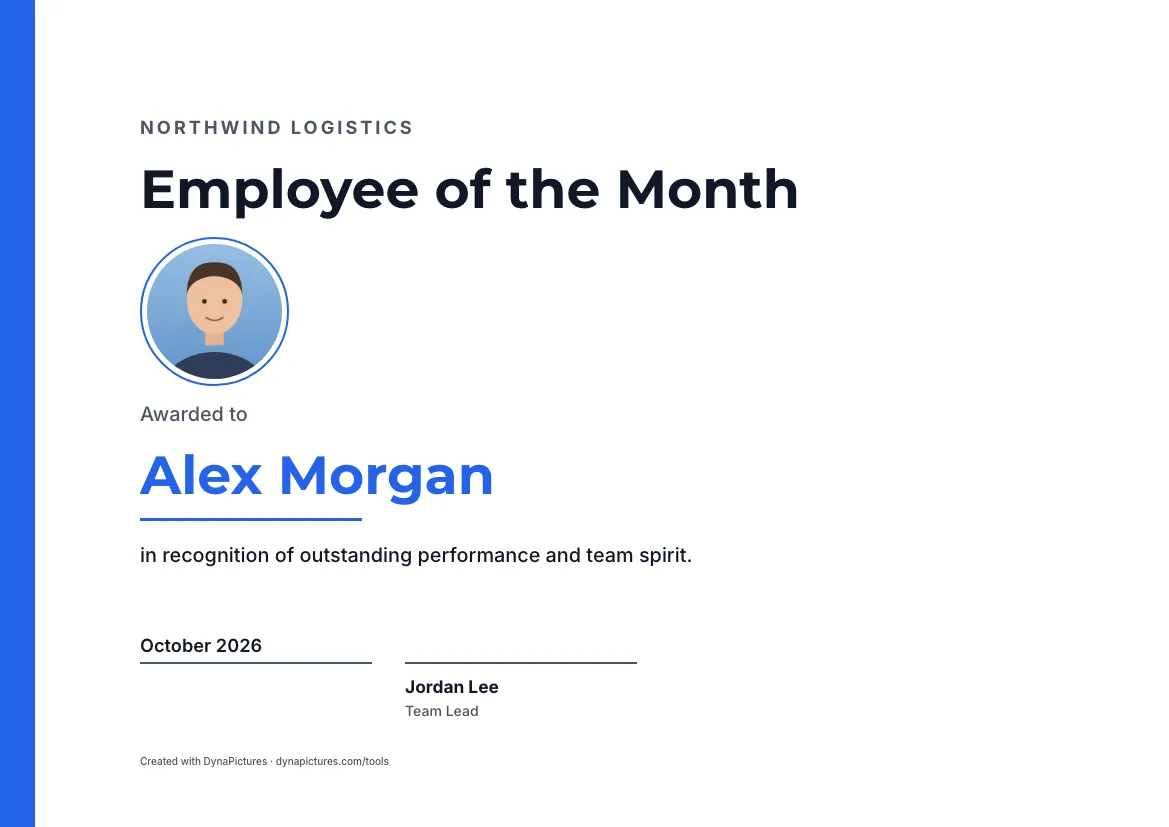 Employee of the month certificate with photo