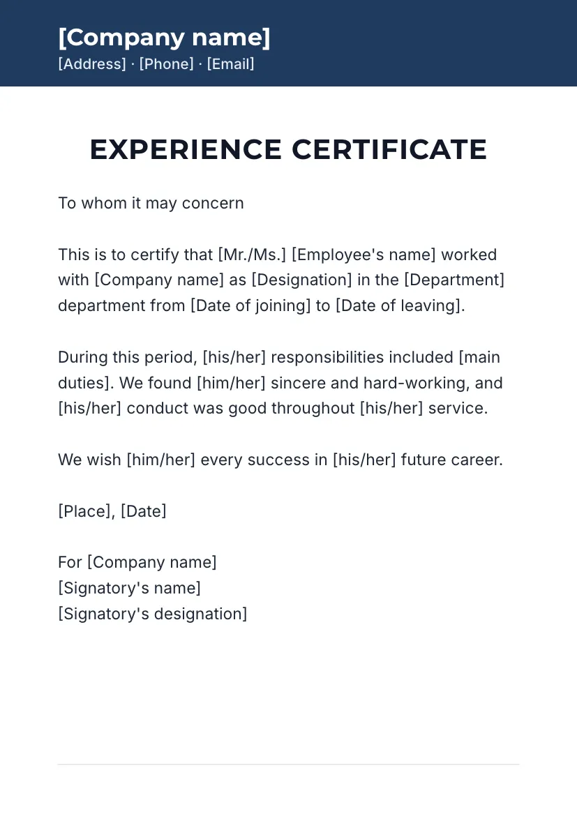 Experience certificate format and samples