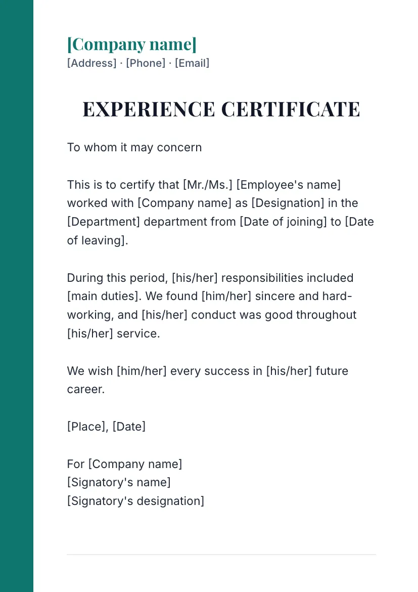 Experience certificate on a company letterhead 2