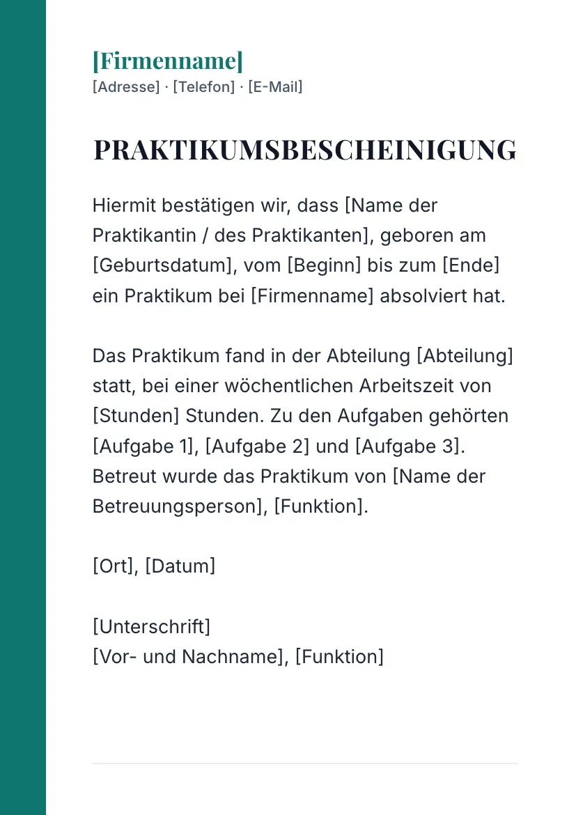 Praktikumsbescheinigung auf Briefkopf, Layout 2