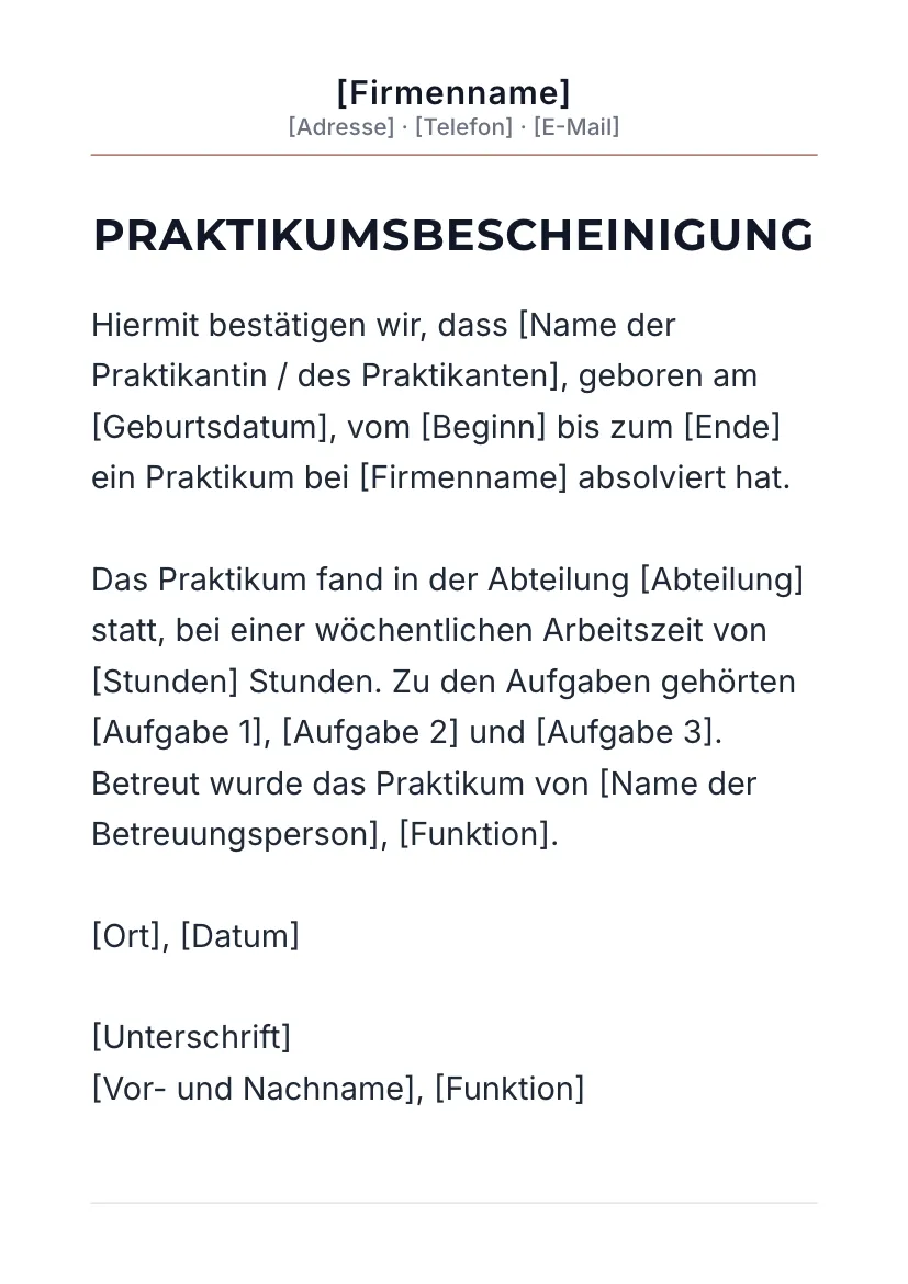 Praktikumsbescheinigung auf Briefkopf, Layout 3