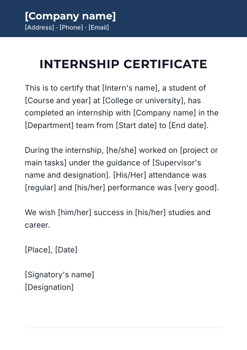 Internship certificate format and samples
