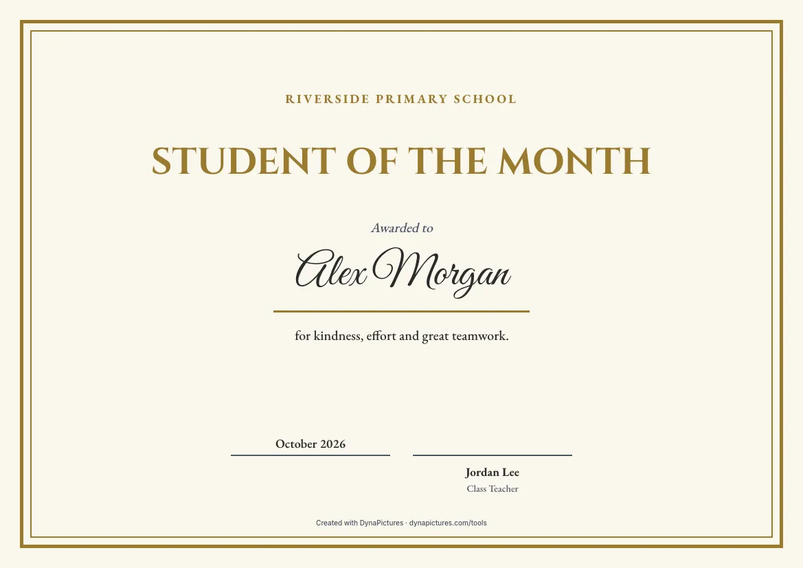 Student of the month certificate template – Classic style