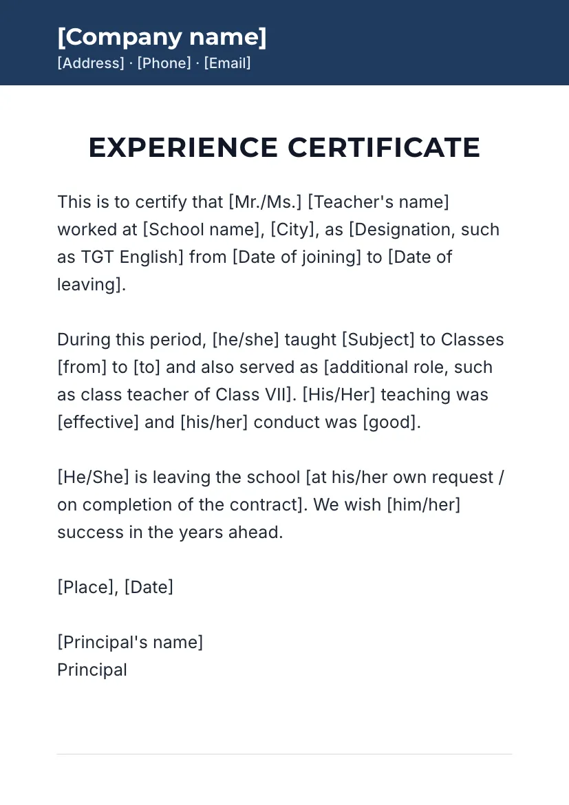Experience certificate for teachers