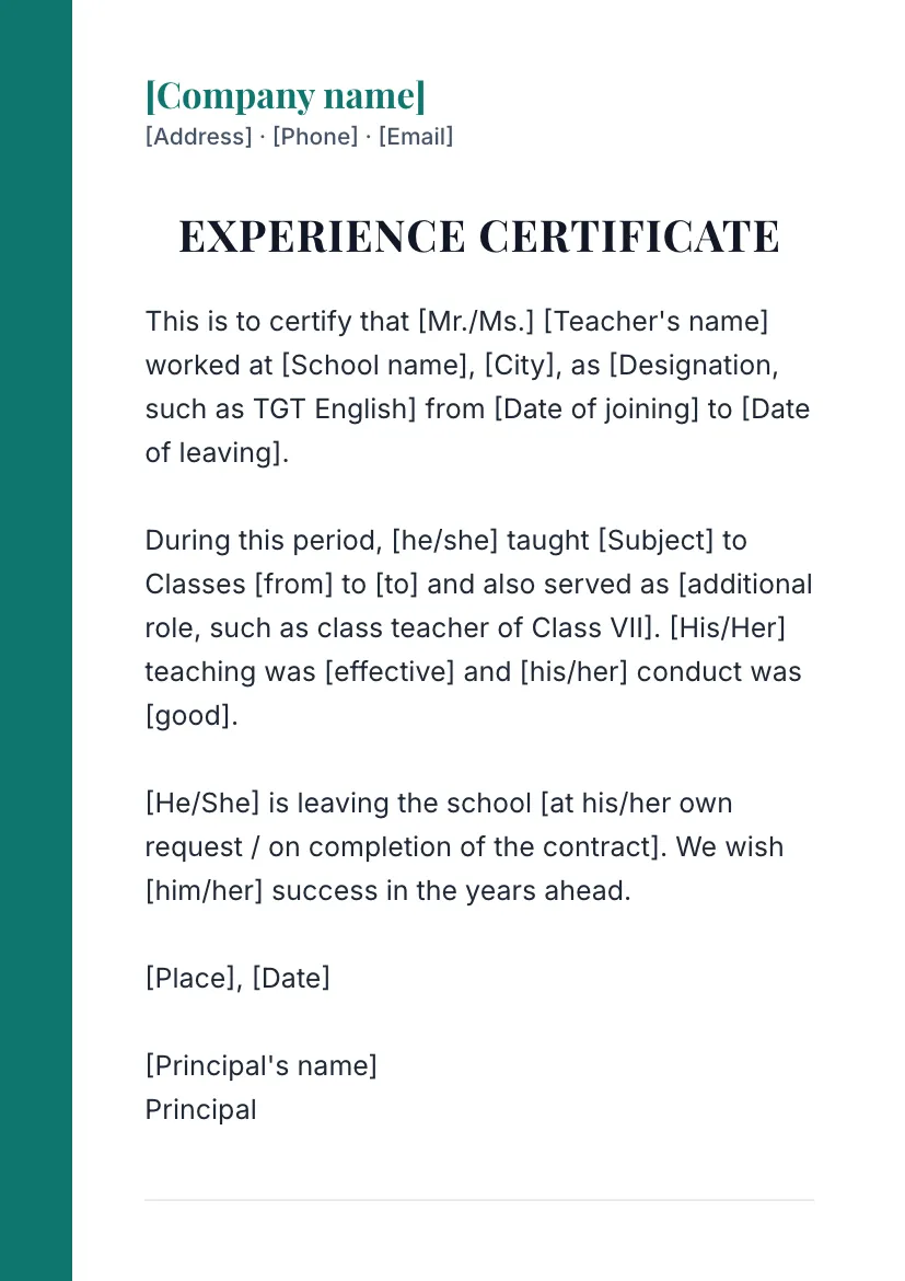 Experience certificate on a school letterhead 2