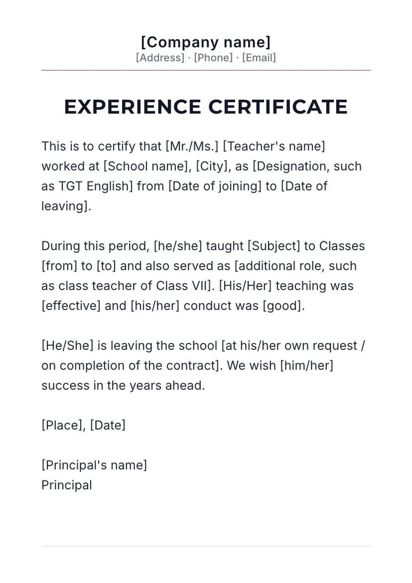 Experience certificate on a school letterhead 3