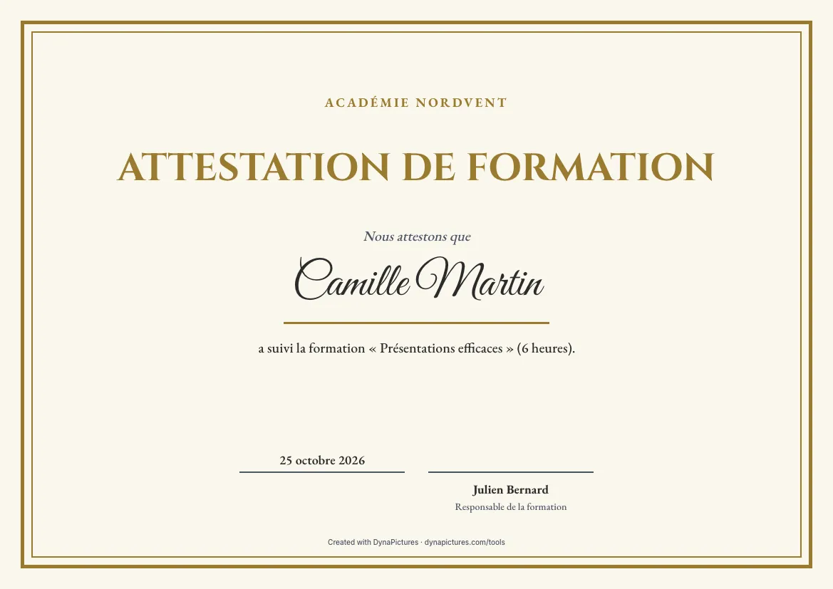 Modèle d'attestation de formation – style Classique