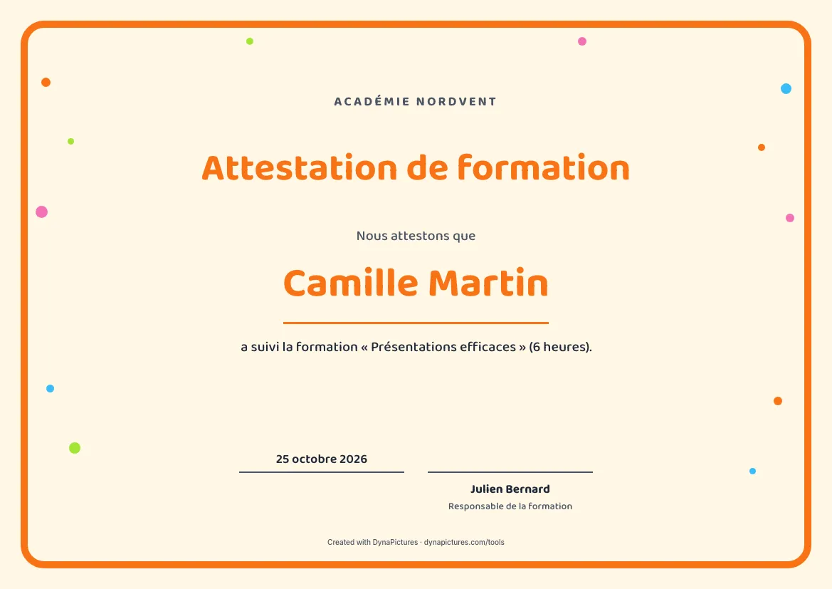 Modèle d'attestation de formation – style Ludique