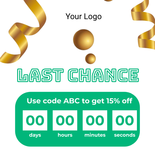 E-Mail-Countdown-Timer mit Logo-Platzhalter, goldenem Konfetti und einem grünen Kachelblock mit Gutscheincode.