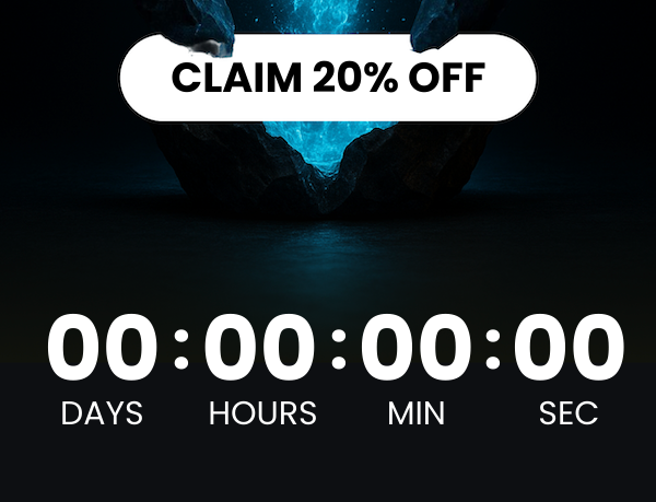 E-Mail-Countdown-Timer auf dunklem Foto-Hintergrund mit abgerundetem Angebots-Badge und großen weißen Ziffern.