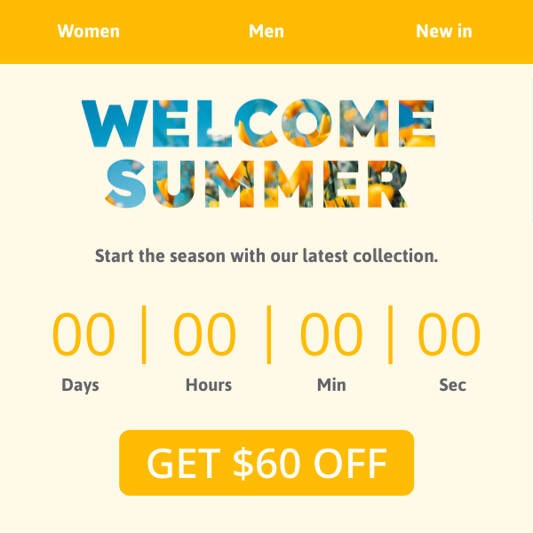E-Mail-Countdown-Timer in einem saisonalen Shop-Design mit Navigationsleiste, bildgefüllter Überschrift und Rabatt-Button.