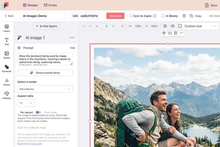 Der DynaPictures Editor mit ausgewählter KI-Bildebene: Prompt, Modellauswahl und der Schalter für die Erzeugung pro Render
