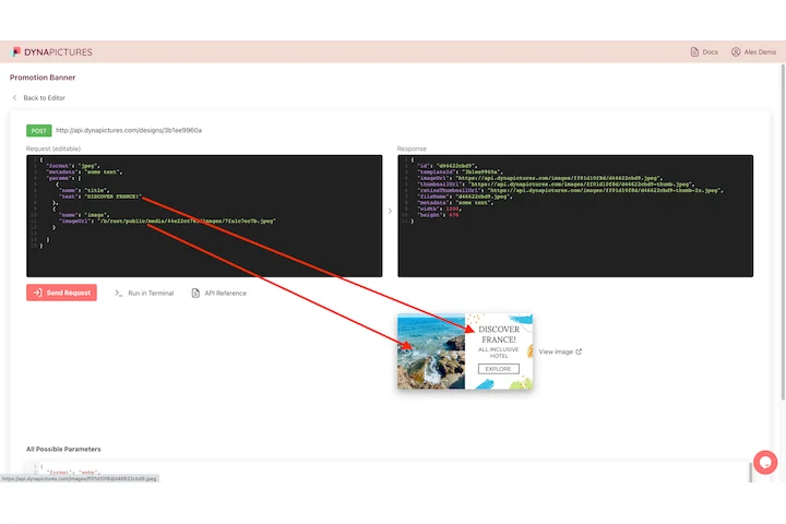 Die DynaPictures API-Konsole mit einer Anfrage zur Bilderzeugung und der Antwort