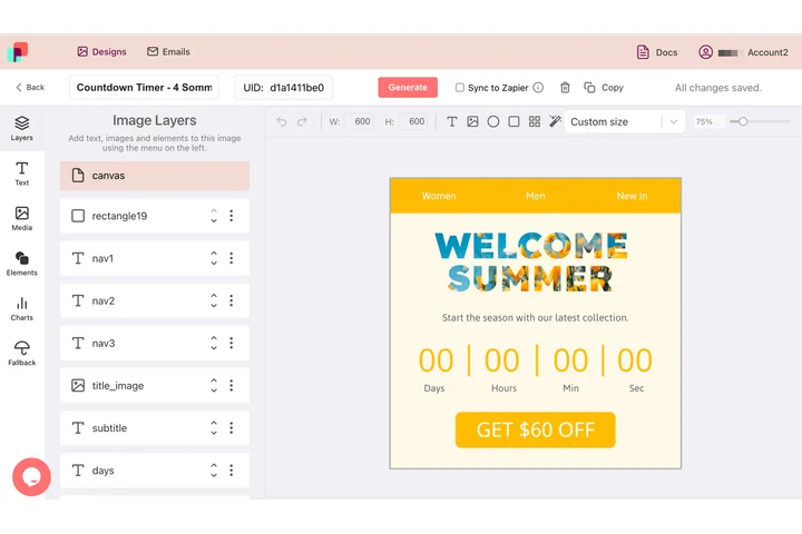 Der DynaPictures Editor mit einem E-Mail-Design samt Countdown und Generieren-Schaltfläche