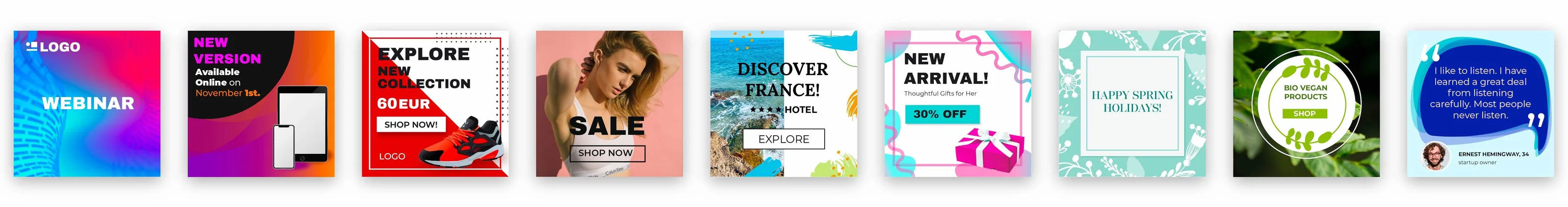 Banner designs generated with DynaPictures: webinar, product launch, sale, travel, e-commerce, holiday and quote templates