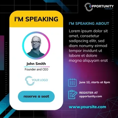 Personalized event banners for speakers and attendees with photo, name and event details