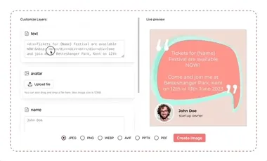 Embedded image generator: users edit the text and photo layers, preview the banner and create the image