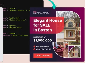 JSON parameters sent to the image generation API and the finished real estate banner it returns